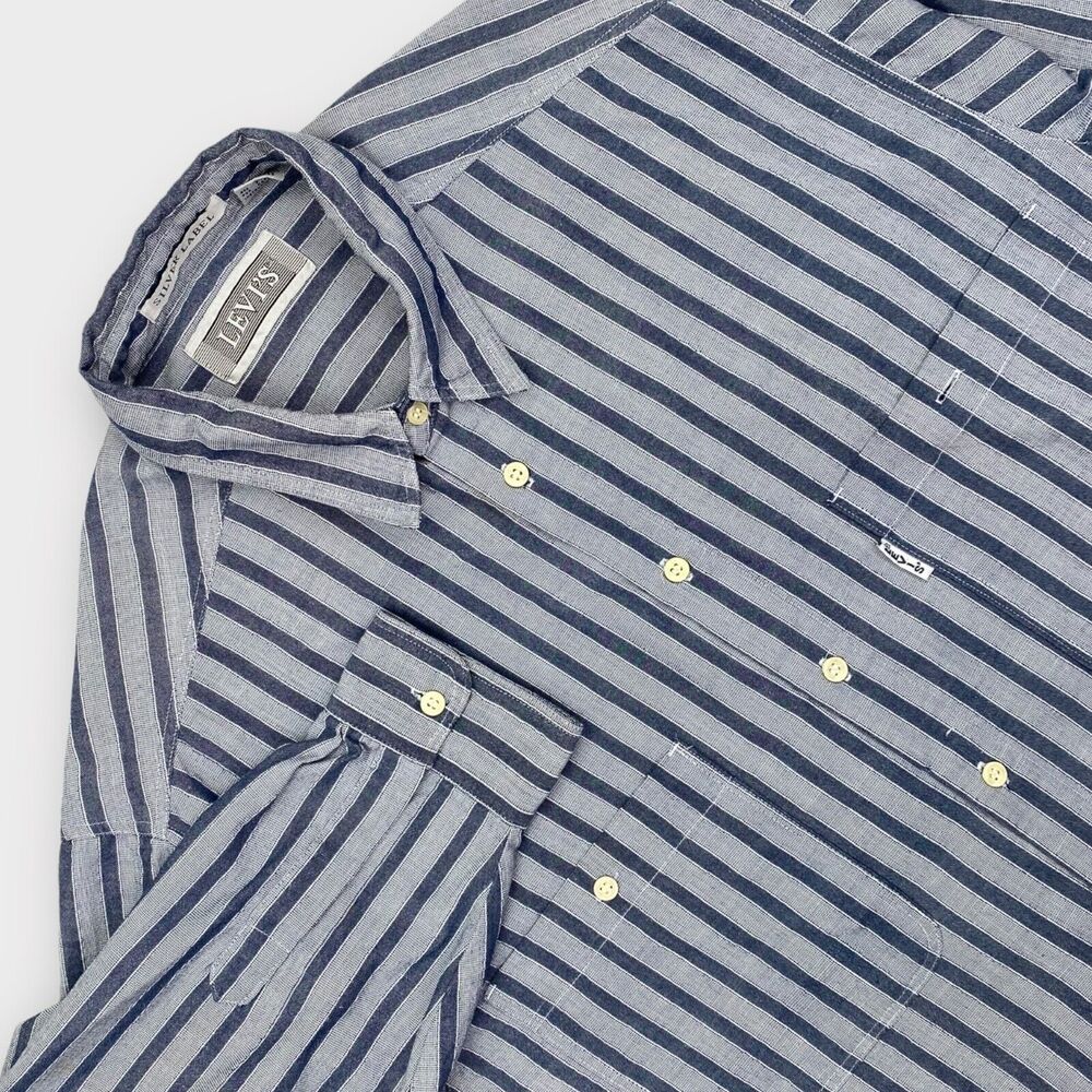 VINTAGE 70s Levis Shirt Mens Extra Large Blue Striped Silver Label Big E Western